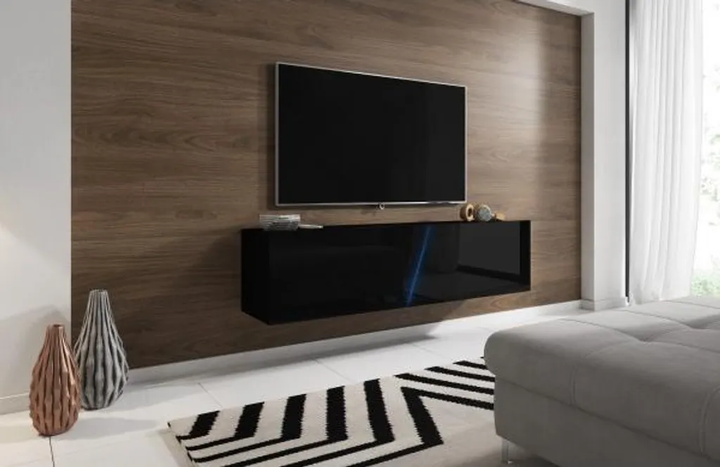 Meuble TV suspendu SLANT 160 cm noir avec LED RGB pour salon moderne