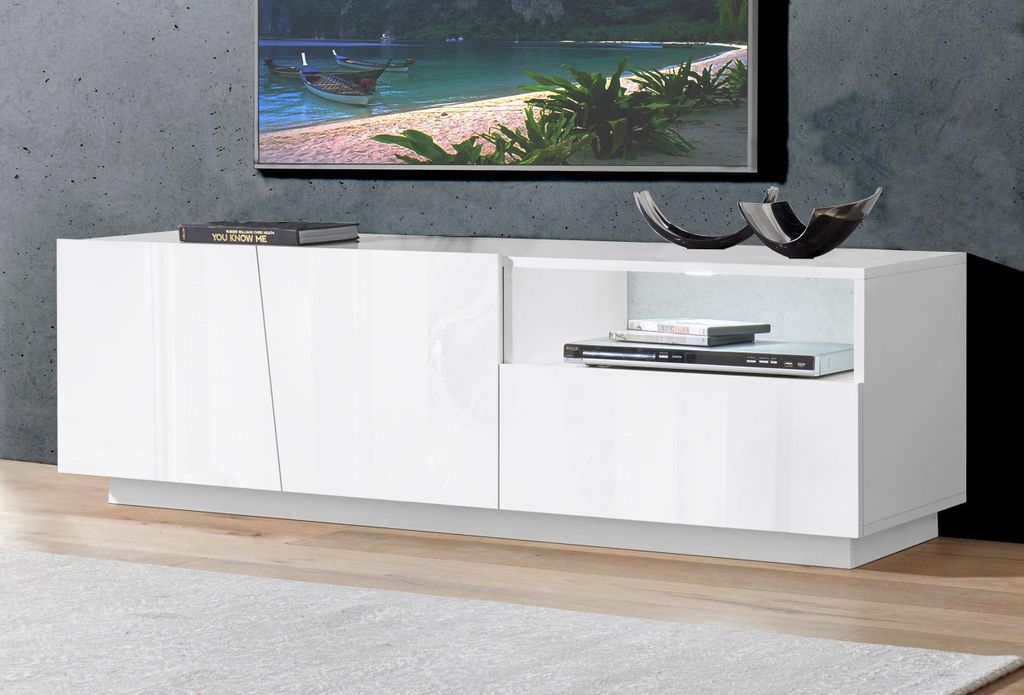 TV-Lowboard Rack Unterschrank Fernsehtisch HiFi Element Schrank "Viterbo I" Weiß Hochglanz