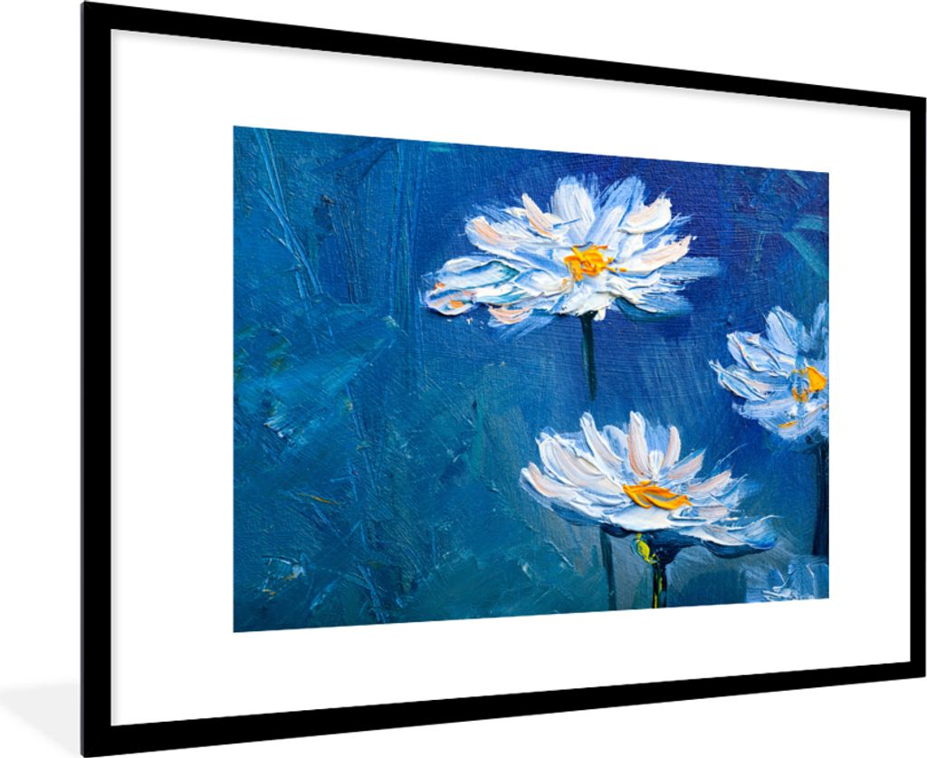 MuchoWow Gerahmtes Poster Gemälde - Ölfarbe - Blumen - Blau 90x60 cm - Poster mit Schwarzem Bilderrahmen Wandposter Rahmen Foto Bilder - Wandde...