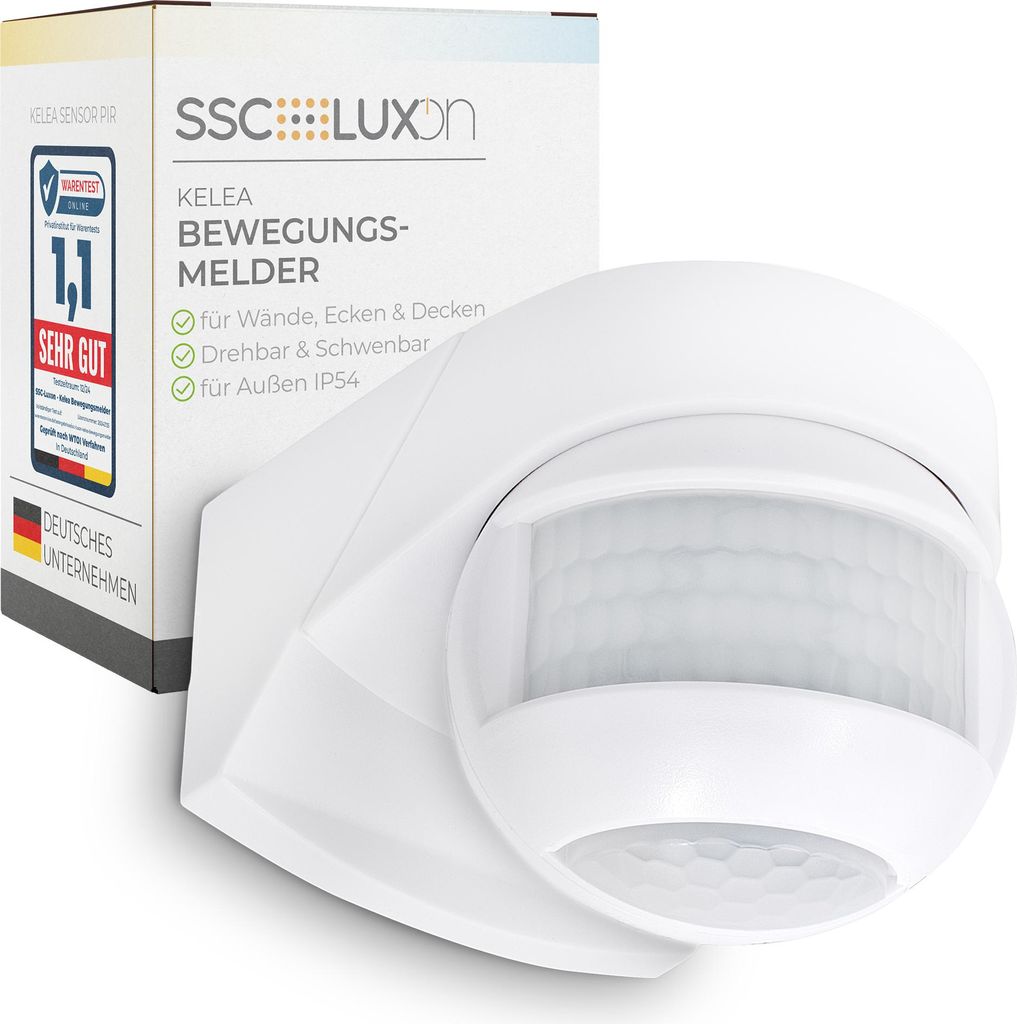 A white motion detector and its packaging are shown against a white background.