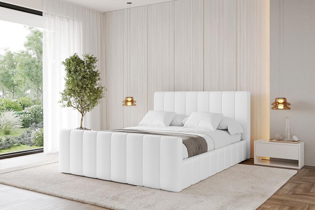 ALTDECOR Polsterbett mit Bettkasten - FINO-Z 200x200 Weiß Kunstleder - Bett mit Matratze H3/H4, Kopfteil und Fußteil, Boxbett, Doppelbett mit Sta...