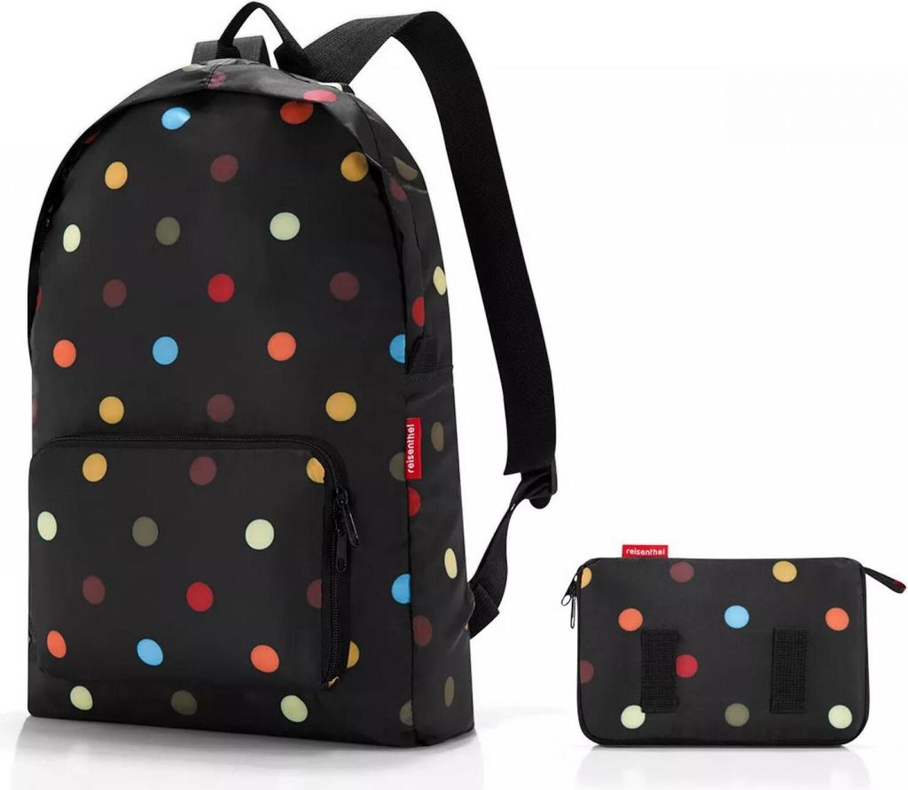 A black backpack with colorful polka dots and a matching pouch are displayed against a white background.
