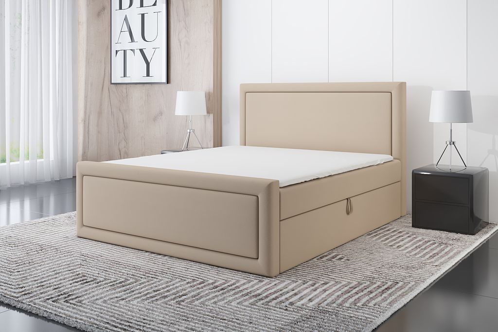 Boxspringbett GERI 180 x 200 mit 2 Bettkästen, Bonell-Matratze und Topper. Farbe: Beige