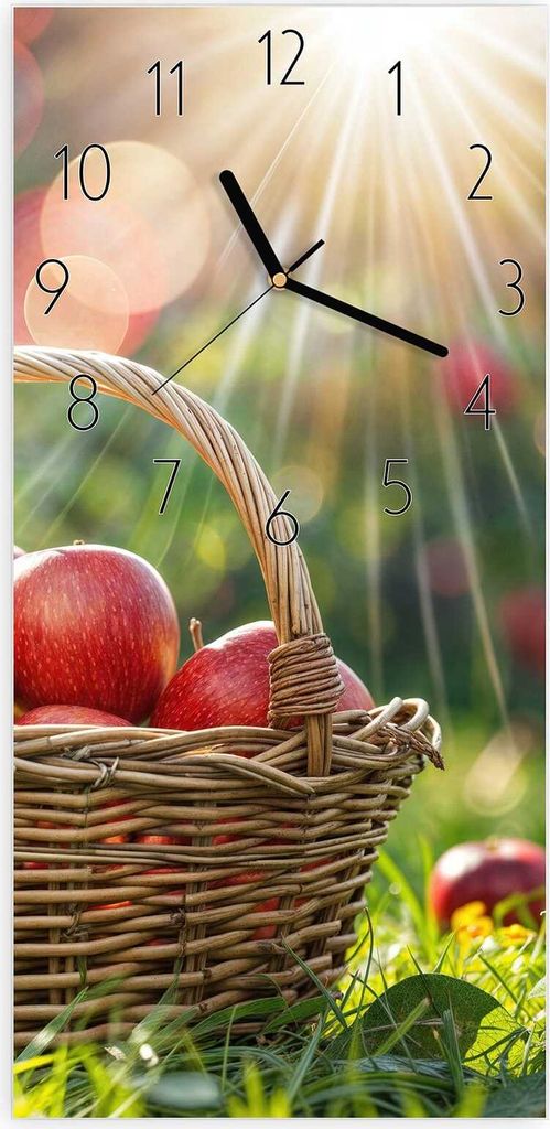 Wanduhr aus Glas mit Motiv Korb mit roten Äpfeln- 30 x 60 cm - inkl. Aufhängesystem