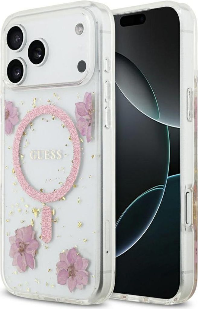 Guess Resin Flowers Glitter MagSafe Case für iPhone 17 Pro Max in Rosa