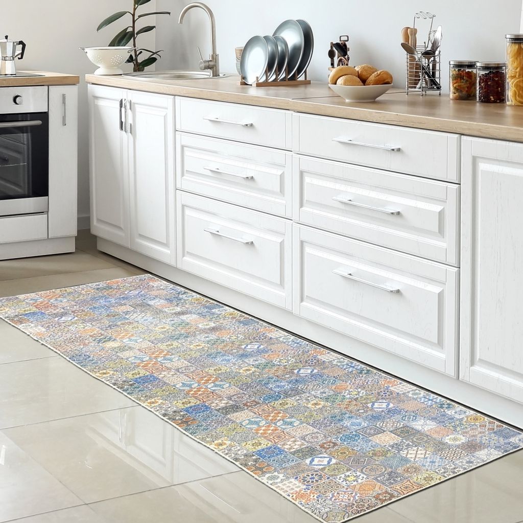 Küchenläufer bunt waschbar mit Fliesenmuster Größe - 80 x 250 cm