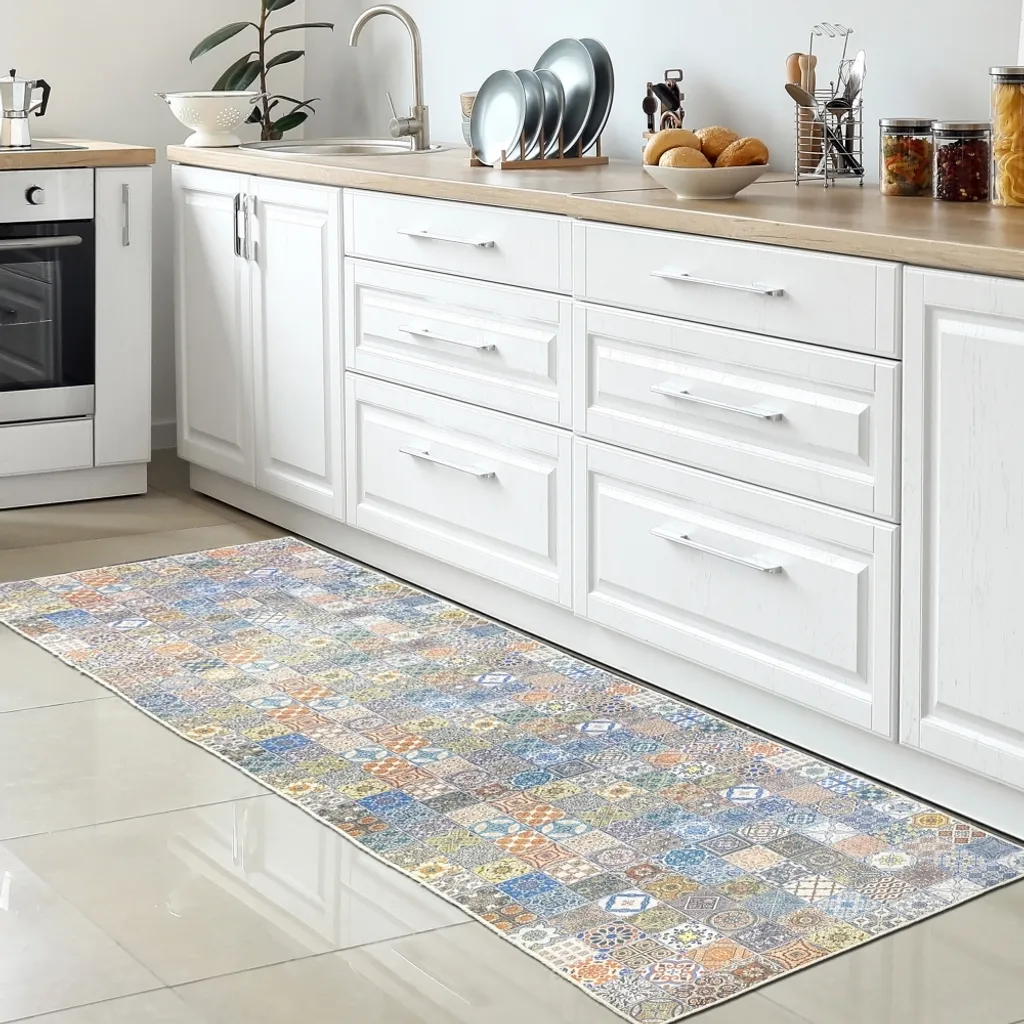 Grand tapis de cuisine pour couloir 80 x 250 cm - Style carreaux vintage