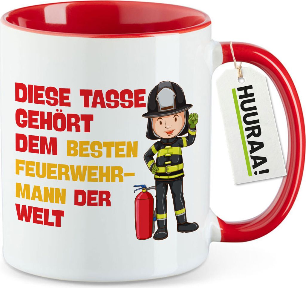 Huuraa Kaffeetasse Tasse gehört dem besten Feuerwehrmann der Welt 330ml Rot Keramik Kaffeebecher Geschenkidee