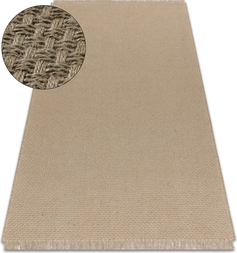 Tapis en jute tissé plat beige foncé 200x290 cm avec finitions franges