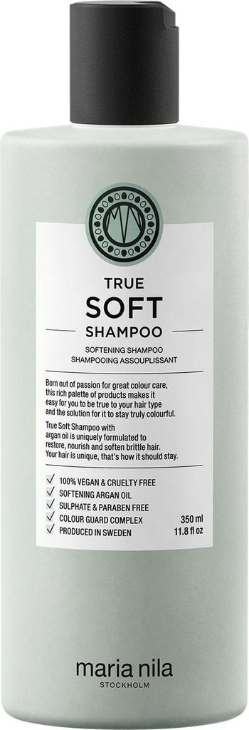 A product shot of a bottle of Maria Nila True Soft Shampoo.