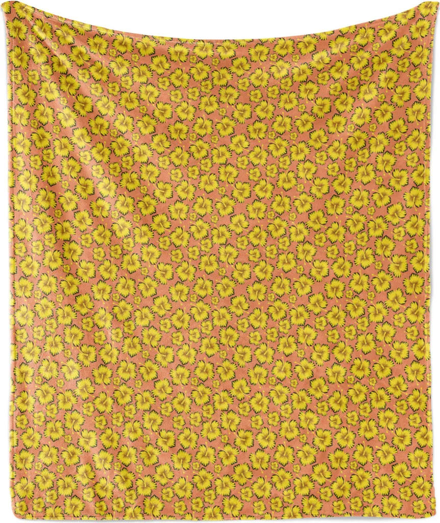 ABAKUHAUS Coperta in morbido pile di flanella, motivo tropicale nostalgico con delicati fiori di ibisco, 175 x 230 cm, color pesca senape