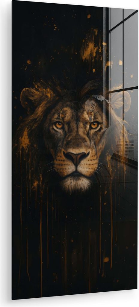 MuchoWow Glasbilder - Bilder auf Wandbild - Foto auf Glas Löwe - Gold - Drops 40x80 cm Wanddekoration aus Glas - Acrylglasbild - Acrylbilder - Wan...