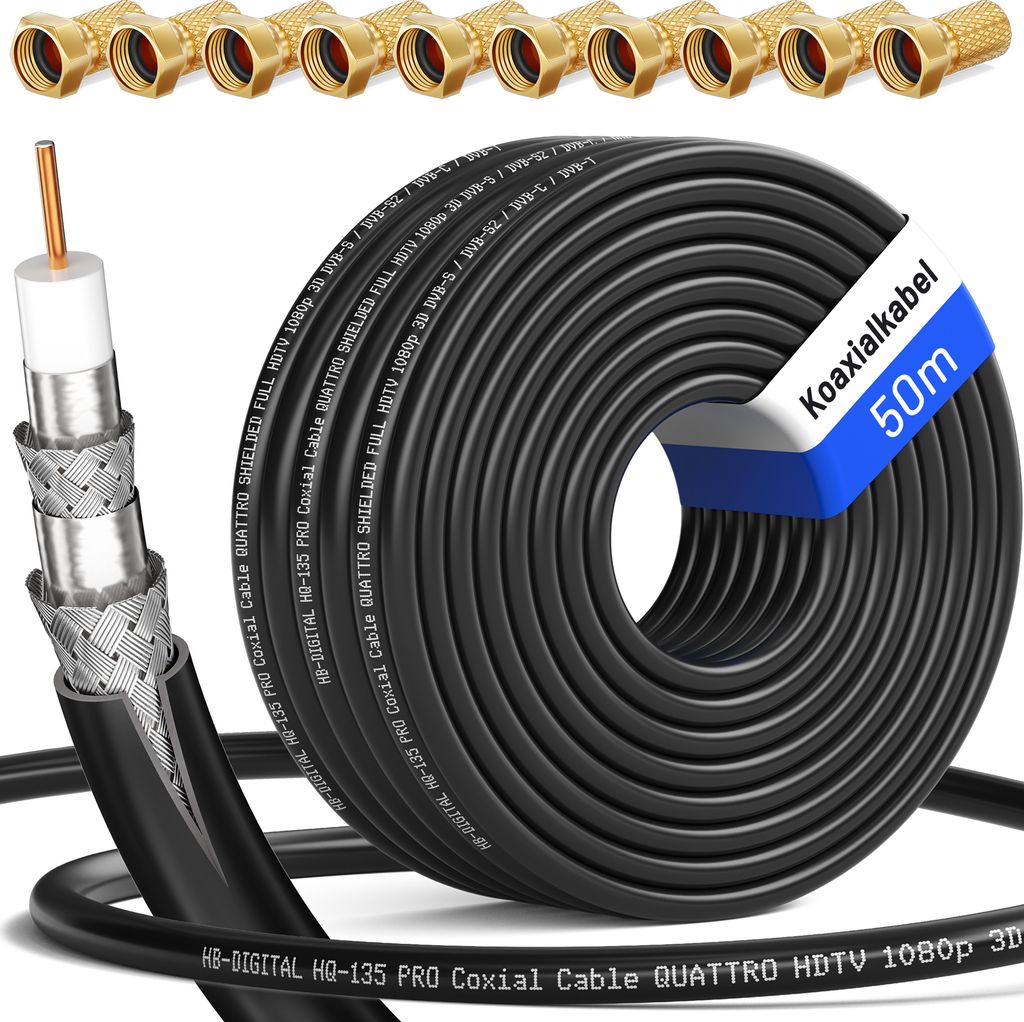 hb-digital 50m Koaxialkabel HQ 135dB 4-Fach Stahl Kupfer schwarz + 10 F-St