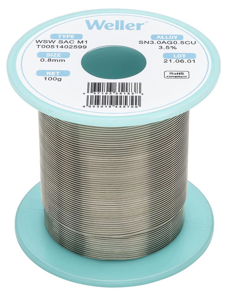 Weller WSW SAC M1 Bleifreier Lötdraht, Ø 0,8mm, Legierung Sn96.5Ag3Cu0.5, Flussmittelgehalt 3,5%, 100 g