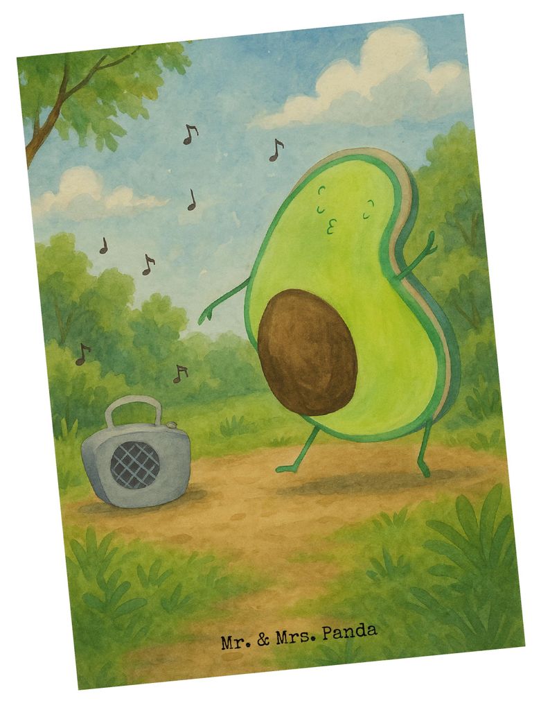 Mr. & Mrs. Panda Postkarte Avocado Tanzen Design - Weiß - Geschenk, Ansichtskarte, Musik, einzelkarte, Singen, Grußkarte, Fröhlich, Ansichtskart...