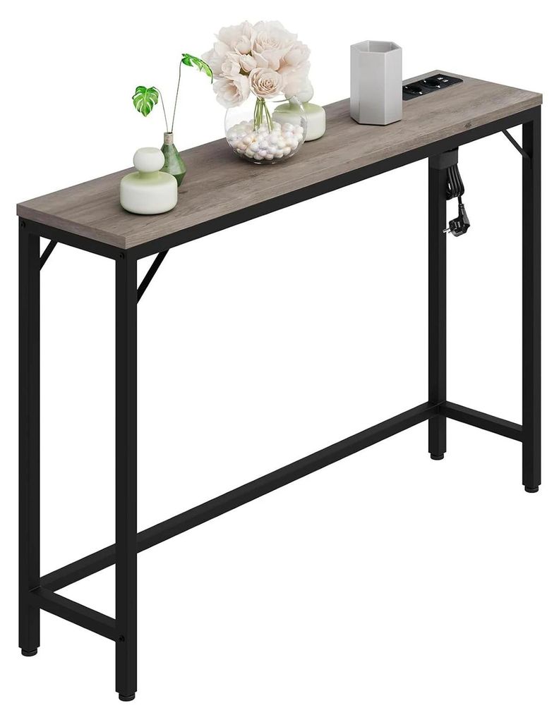 Konsolentisch 100 cm - Flur-/Sofatisch - Schmal für Flur & hinter das Sofa - Mit USB-Anschlüssen & Steckdosen - Holz - Rechteckig - Antik-Look