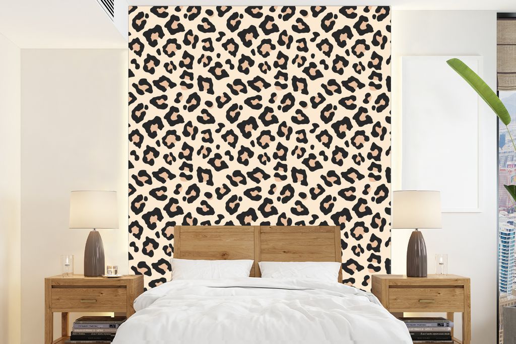 MuchoWow Fototapete für Wohnzimmer oder Schlafzimmer Wandtapete Vinyl Motivtapete Pantherdruck - Schwarz - Rosa - 160x220 cm - Bildschirmhinterg...