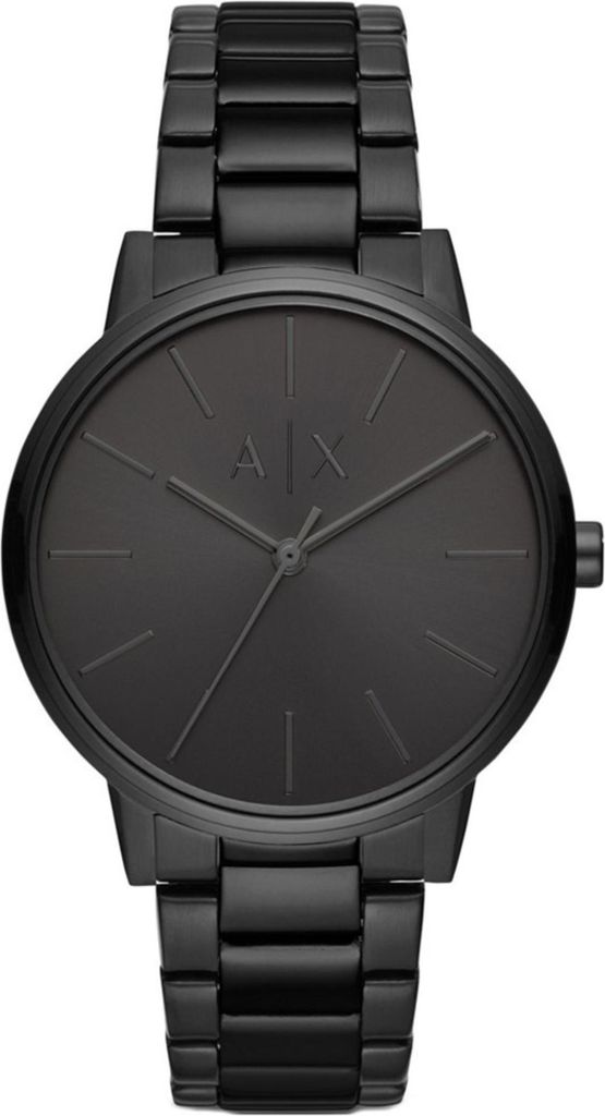 A close-up, front-facing studio shot of a black Armani Exchange men's watch.