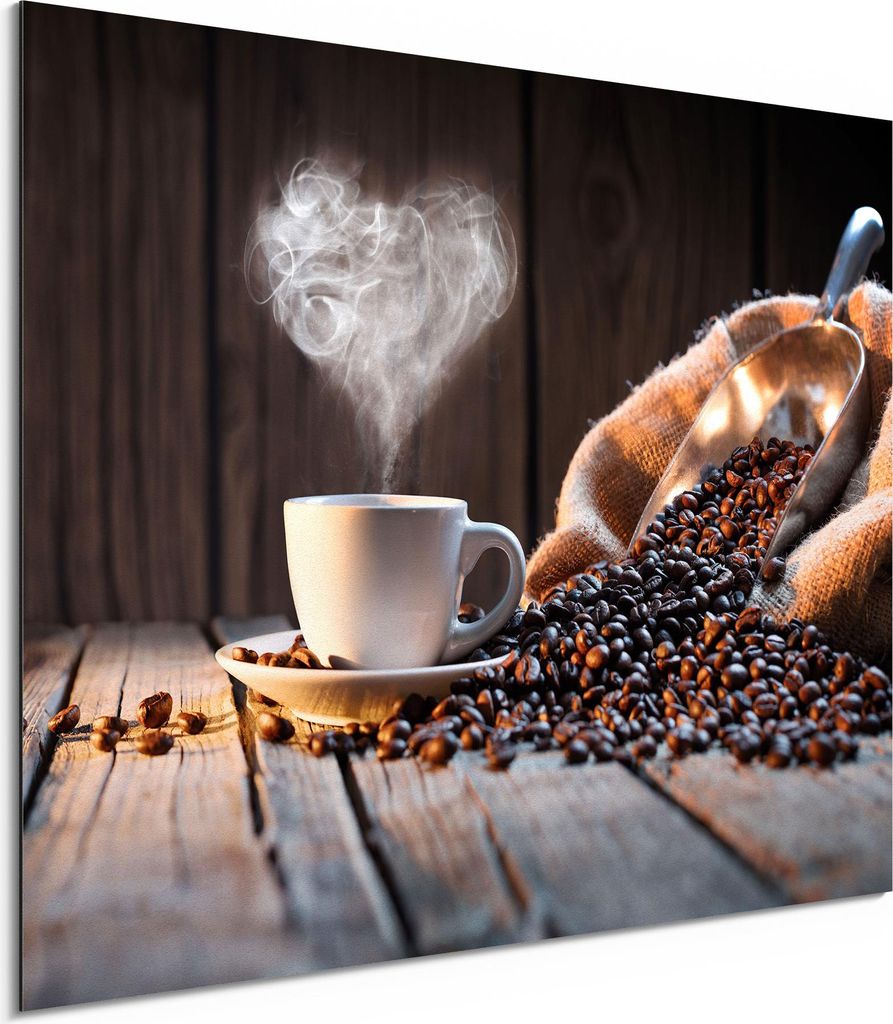 DEQORI Alu-Dibond Bild Weiß 80x60 cm 'Rustikale Kaffeeliebe' Wandbild Metall dünn Design