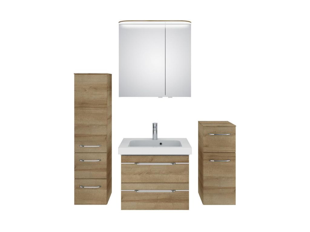PELIPAL Balto Sprint Bad Möbel / Eiche Riviera quer NB, Mineralmarmor Waschtisch + Waschtischunterschrank + Spiegelschrank + Midischrank + Untersc...