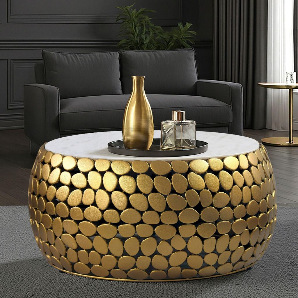 WOHNLING Design Couchtisch rund 66 cm Aluminium gold & weißer Marmor Tischplatte - Wohnzimmertisch Alu - Metall Sofatisch - Beistelltisch Wohnzimmer