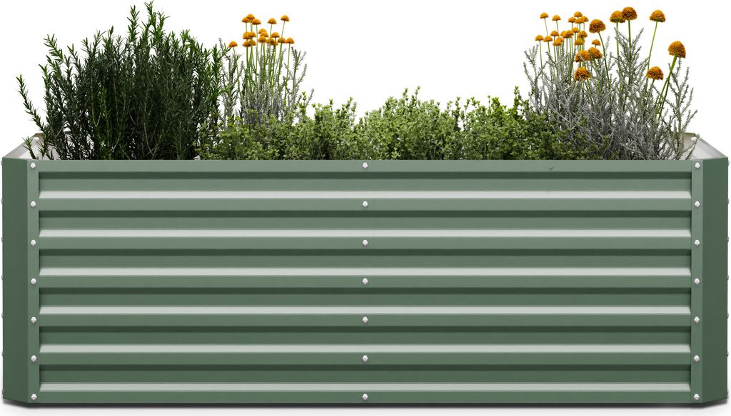 A green metal raised garden bed filled with various plants.