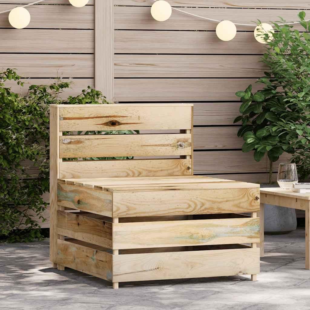 An outdoor patio setting with a wooden pallet sofa and string lights overhead.