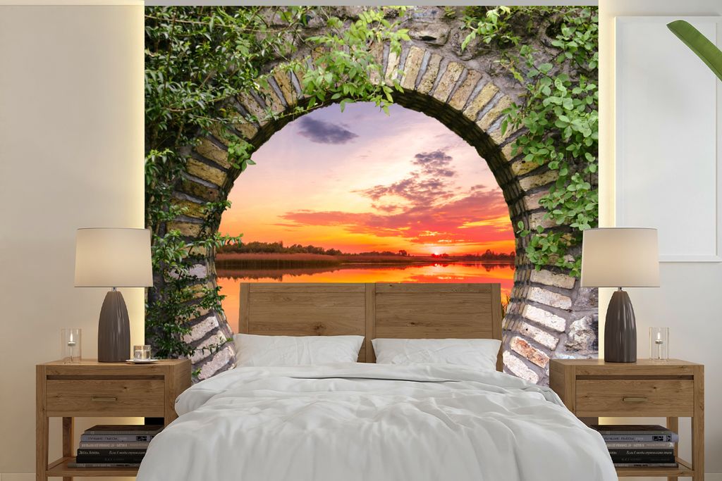 MuchoWow Fototapete für Wohnzimmer oder Schlafzimmer Wandtapete Vinyl Motivtapete Meer - Sonnenuntergang - Ausblick - 280x280 cm - Hintergrundbild