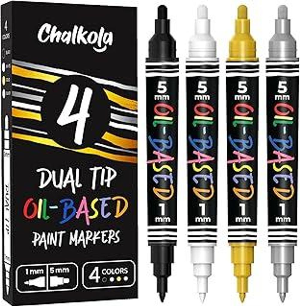 Chalkola 4 Ölbasierte Lackstifte – Dualspitze (1mm + 5mm) – Permanent-Marker, Lackmarker, Lackstift, Ölstift, Speedpaint Marker – Weiß, Sc...