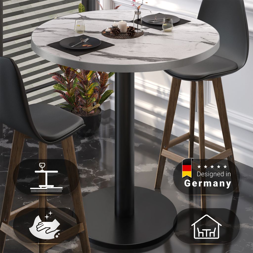 BN | Bistro Stehtisch | Ø 70 x 108 cm | Edelstahl Rand | Rund | Weiß Marmor / Schwarz | Gastro Steh Tisch Restaurant