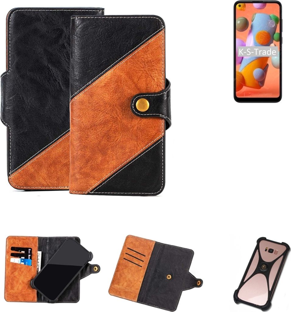 K-S-Trade Handyhülle Schutzhülle Bookstyle Case Wallet-Case kompatibel mit Samsung Galaxy A11 Handy Cover Bumper Klapphülle schwarz hellbraun 1x