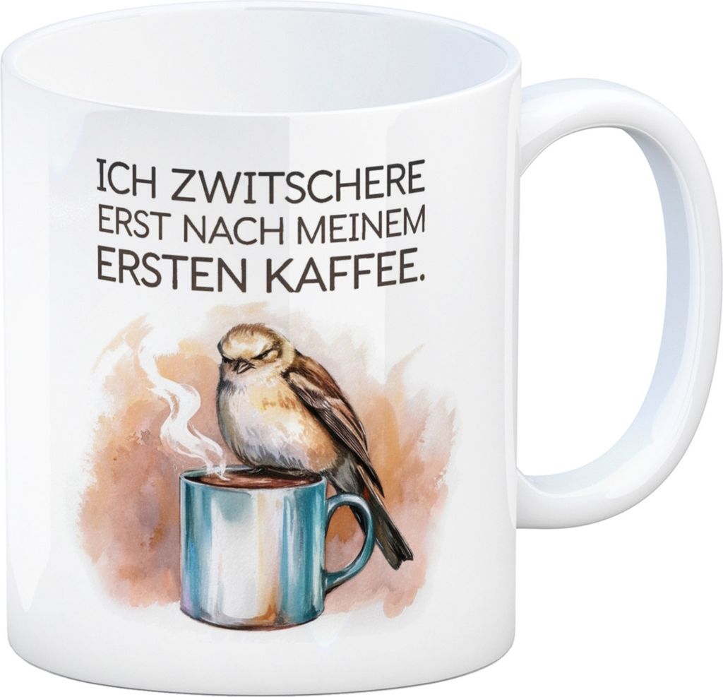 Erst Kaffee, dann Zwitschern Kaffeebecher mit Vogel auf Kaffeetasse