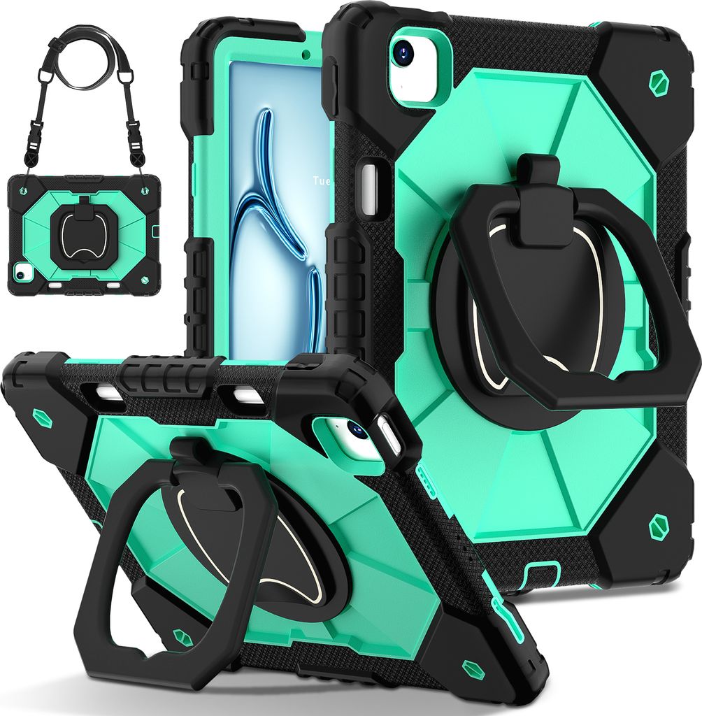 Hülle für iPad Air 11 Zoll M2 (2024) Robuste Tragbare Schutzhülle mit Ständer, Handgurt und Schultergurt Schwarz Türkis
