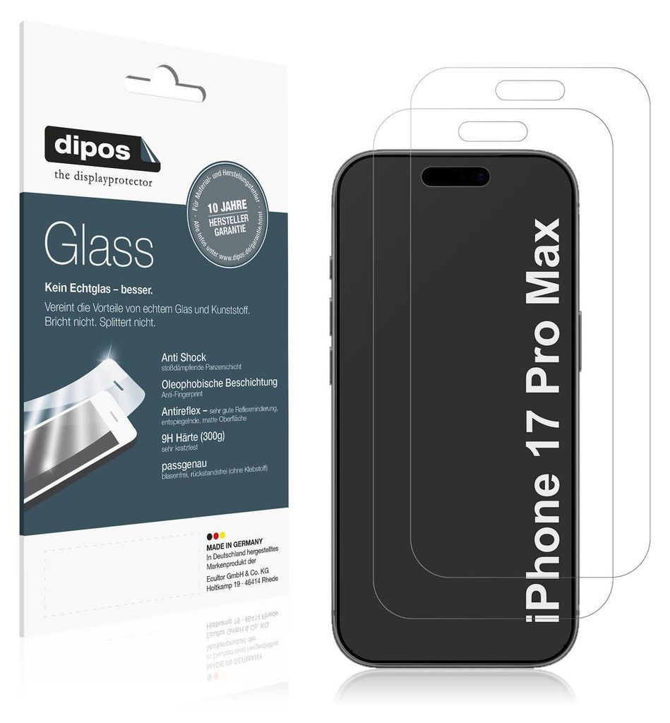 A product package for screen protectors for an iPhone 17 Pro Max, with the screen protectors themselves shown on the right.
