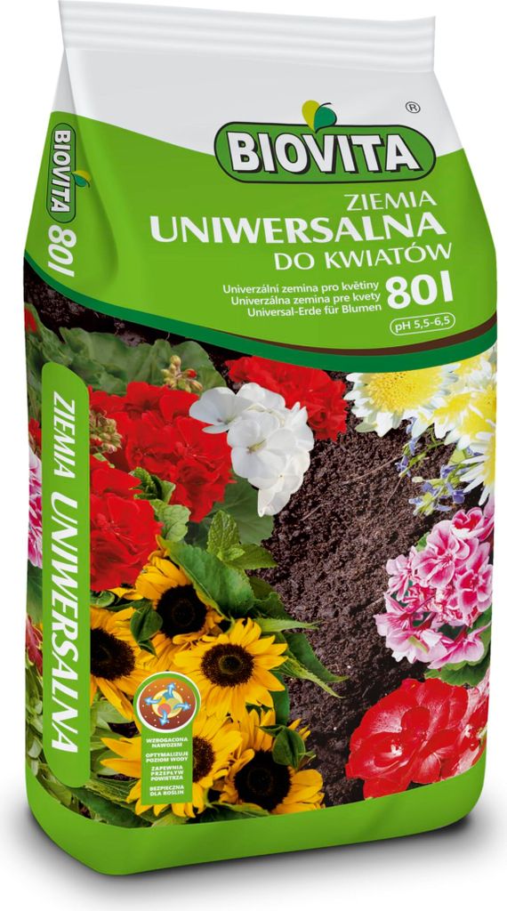 A bag of Biovita Universal soil for flowers, with images of various flowers on the front.