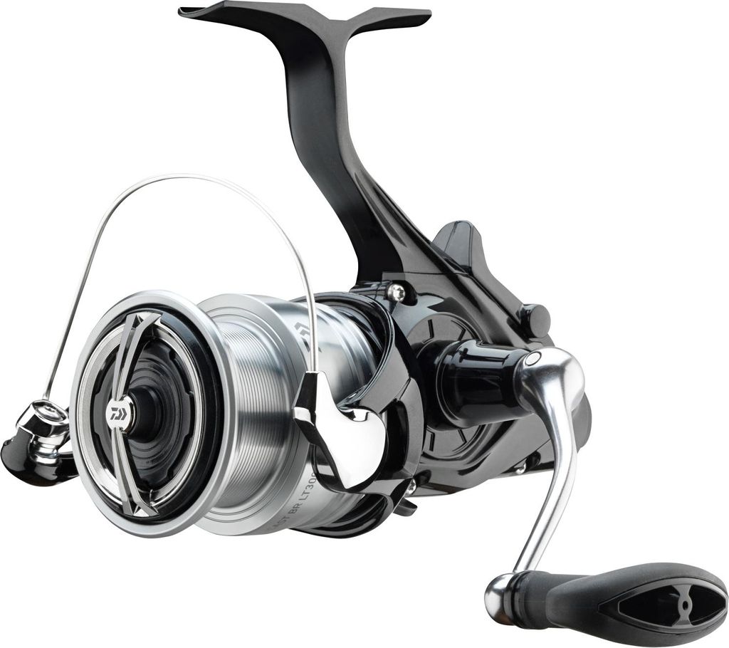 A studio shot of a fishing reel against a white background.