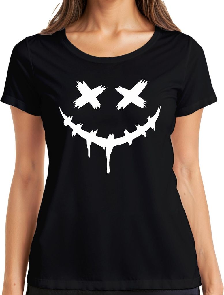 Halloween Gruselig Grinsend Gesicht X Augen Tropfend Stachelig Damen T-Shirt, Schwarz, XXL