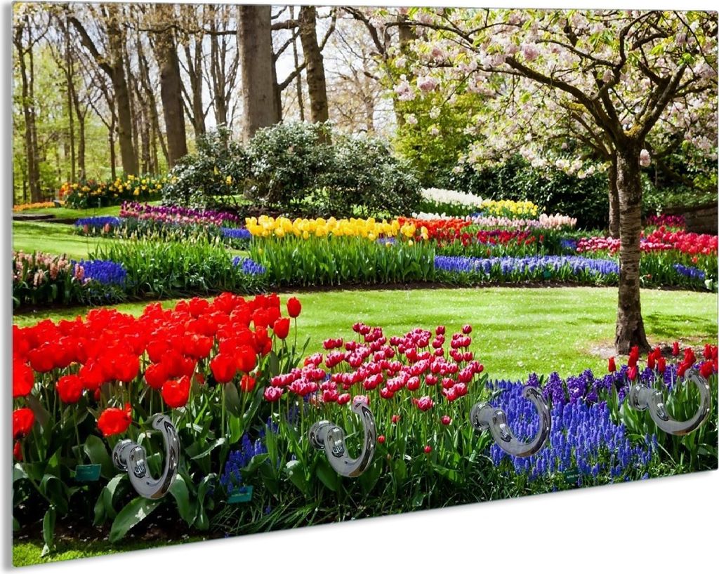 Wallario Handtuchhalter aus Glas, Motiv: Bunte Blumen und Kirsch-Baum im Park blühen im Frühling, 30 x 20 cm mit 4 Haken