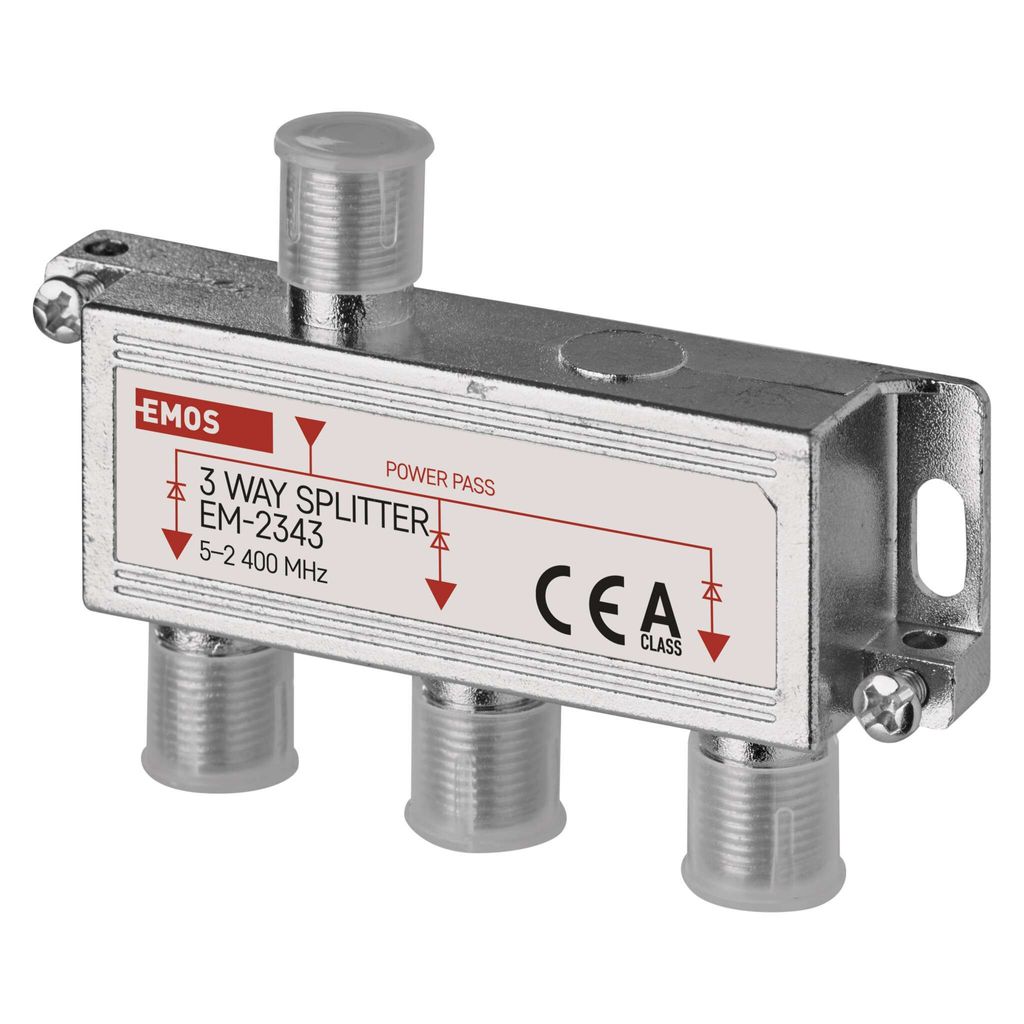 EMOS 3-Wege-Antennenverteiler A-Class, 3-Fach SAT+TV-Splitter mit F-Buchse, voll geschirmt 6 dB, 5-2400 MHz, 1 Eingang/3 Ausgänge, DC-Durchlass