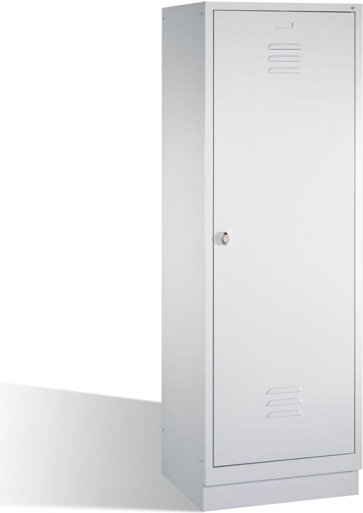 Garderobenschrank, eine Tür über zwei Abteile, BxTxH 610x500x1800 mm, 2 Abt., Abt.B 300 mm, Sockel, Drehriegel, RAL 7035