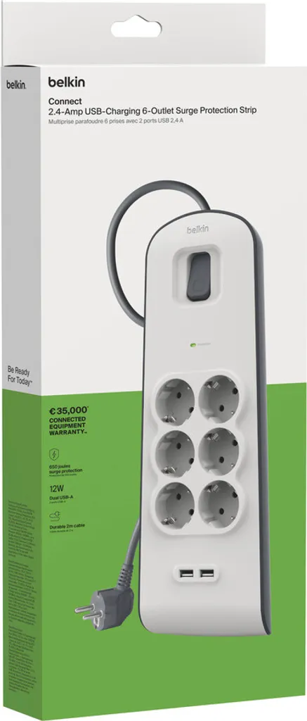 Belkin Multiprise avec Protection Surtension 6 Prises et 2 Ports USB 2m - 3