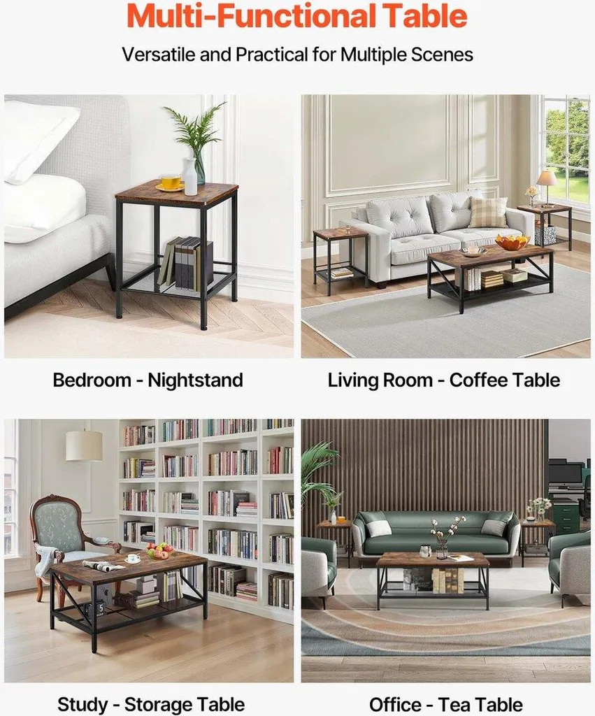 Table basse de 105 cm et 2 tables d'appoint en bois pour salon moderne