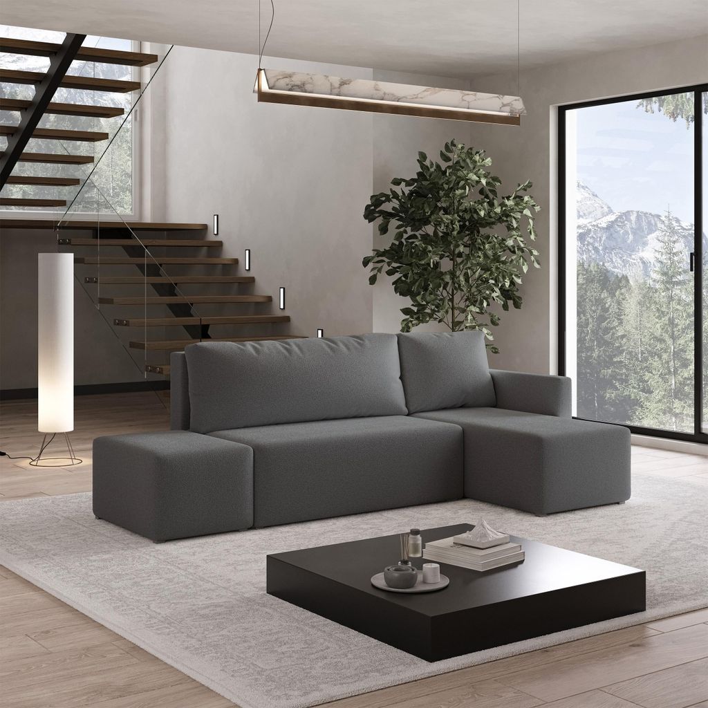 Masseno Ecksofa VELOTTI R-S mit Schlaffunktion L-Form, Sofa mit Bettkasten, Wohnzimmersofa, Couch, Soffa, Bettsofa, Couchgarnitur- Grau, QUELLE 92