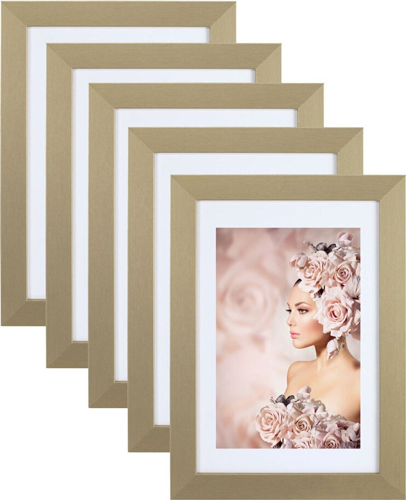 5er Pack Holz Bilderrahmen Foto Plexi Rahmen Acryl Collage Wanddeko Poster S215 - Farbe: Gold | Format: 20x20