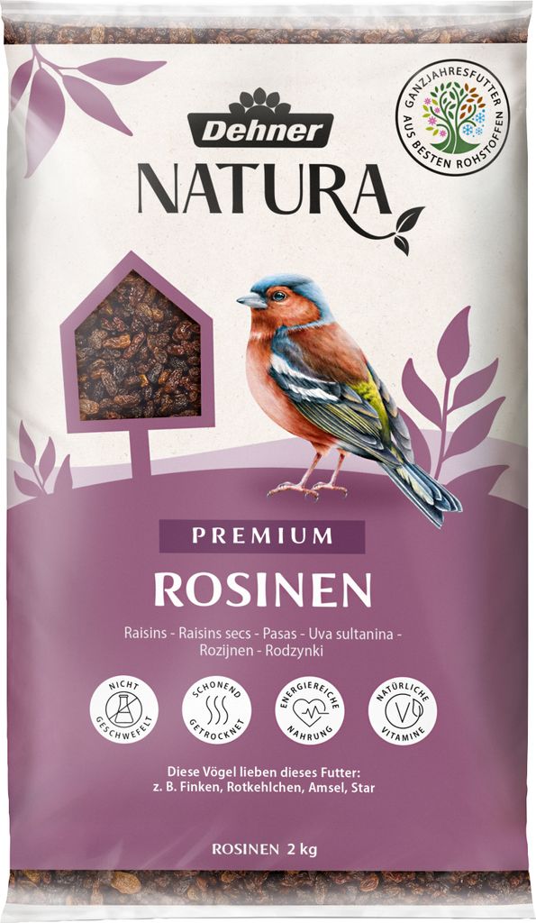 Dehner Natura Premium Wildvogelfutter, Rosinen Delikatesse, Futterrosinen, Ganzjahresfutter energiereich, hochwertiges Vogelfutter für Wildvögel,...