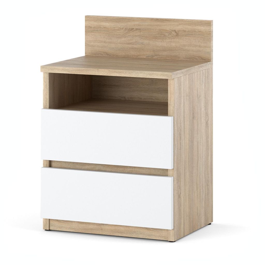 A modern nightstand with two white drawers and an open shelf, made of wood-look material.
