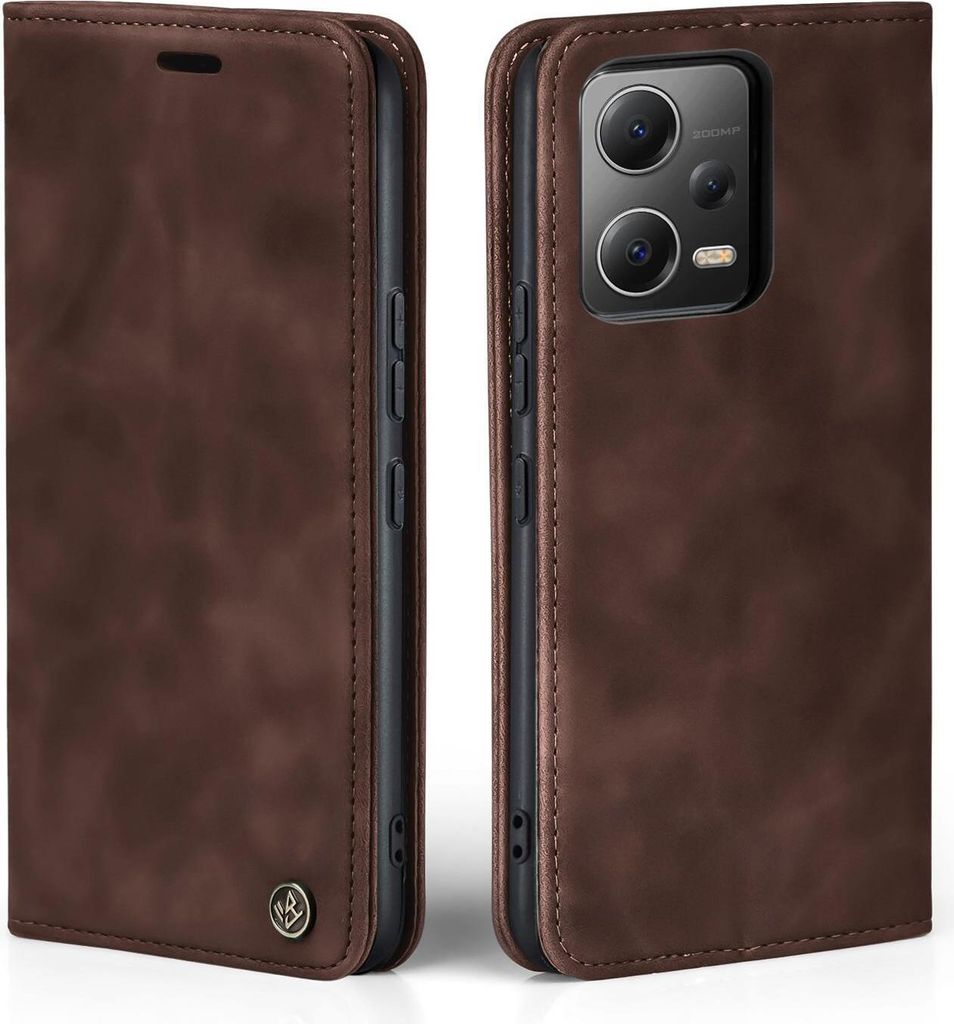 Two views of a brown leather flip case for a smartphone, showing the exterior and the camera cutout.