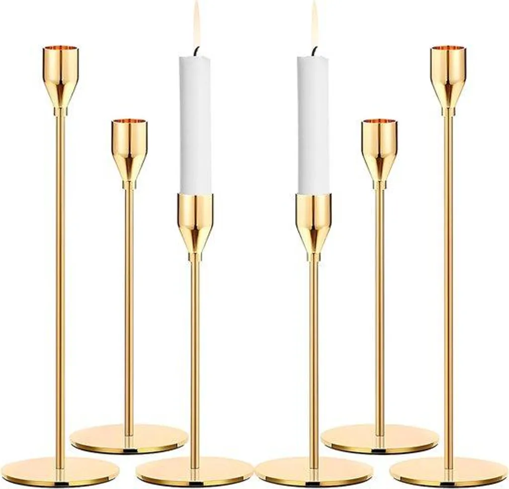 Bougeoirs coniques dorés en métal, lot de 6 chandeliers élégants de fête