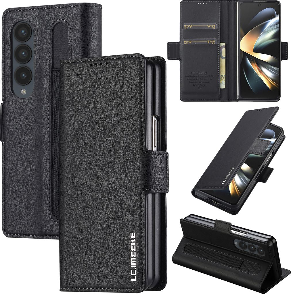 Handyhülle für Samsung Galaxy Z Fold4 5G, Magnetische Flip Leder Hülle mit Kartenfach und Standfunktion Schwarz