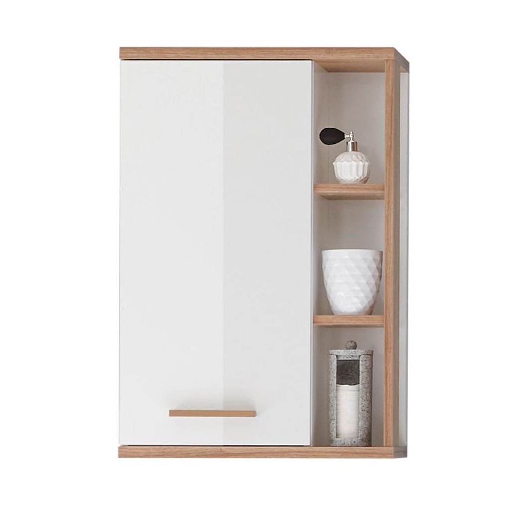 Badezimmer Wandschrank MALANJE-66 in weiß glänzend & Riviera Eiche quer Nb. - B/H/T: 50,5/74,5/20,5cm